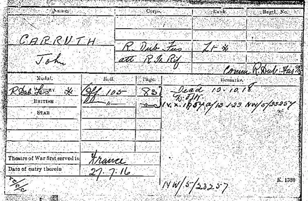 Military record card for John Carruth