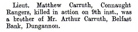Newspaper report recording the death of Lieutenant Matthew Carruth