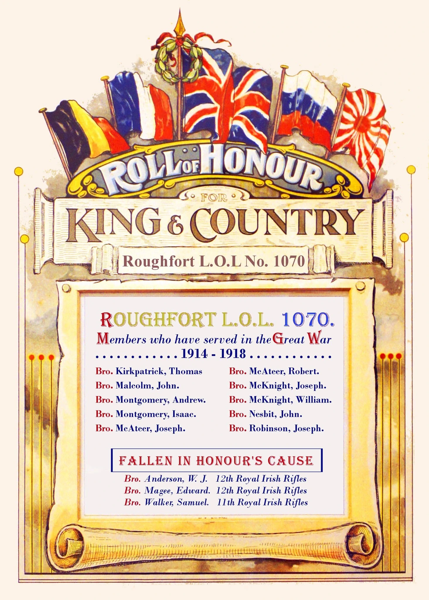 Roughfort L.O.L. No. 1070 Great War Roll of Honour